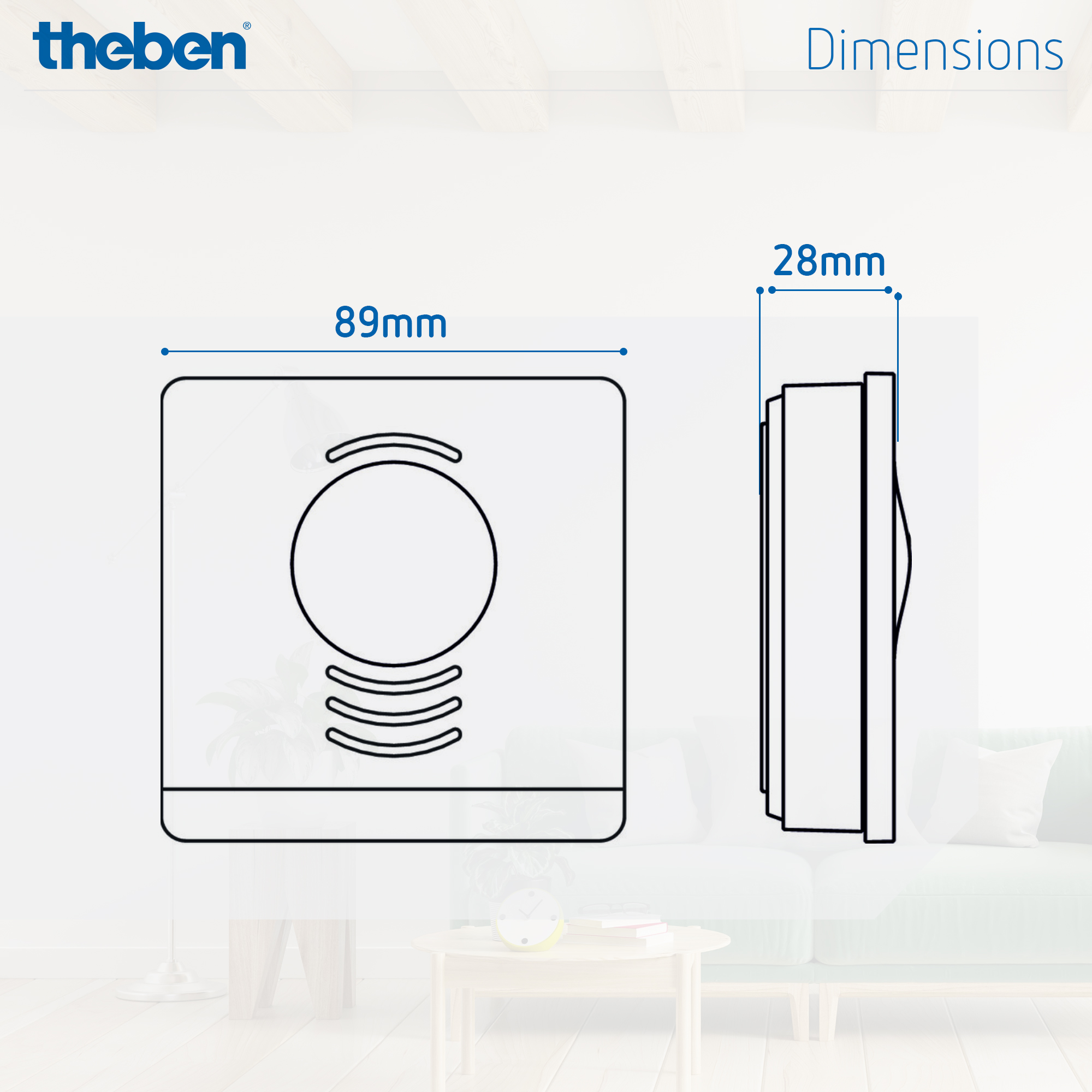 Abmessungen des CO₂-Sensors AMUN 716 von Theben: 89 mm breit, 28 mm tief