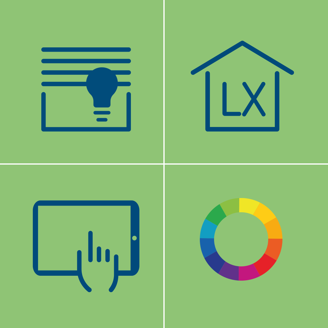 LUXORliving: Intuitive Smart-Home-Lösungen für Licht, Beschattung und Szenen Vier Symbole: Beschattung mit Lichtsteuerung, Haus mit LUXORliving-Logo, Touchbedienung auf Tablet, Farbkreis für Szenensteuerung