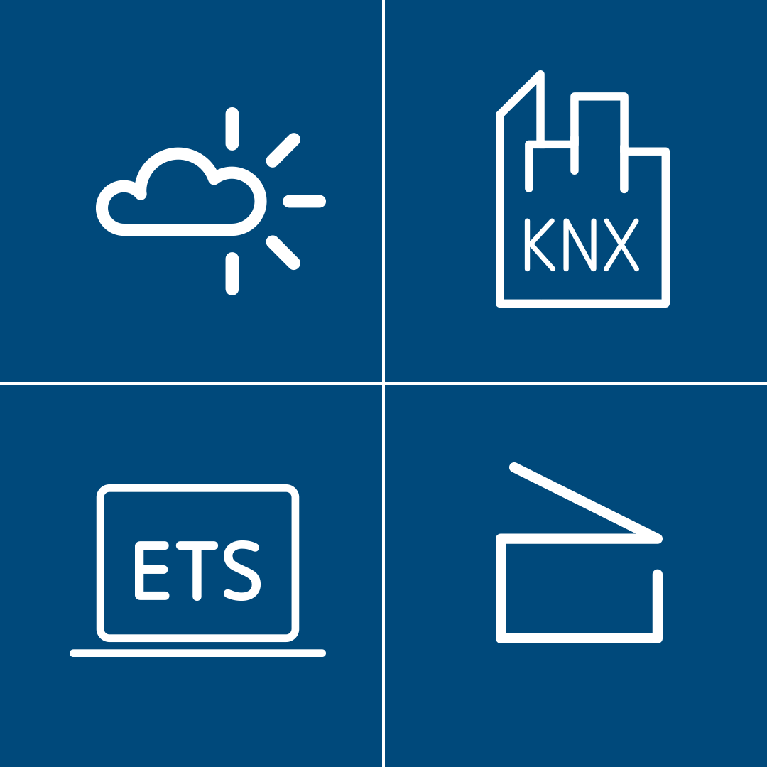 KNX-Systeme: Wetterdaten, Gebäudesteuerung, ETS-Programmierung und Antriebsregelung Vier Symbole: Wetterstation mit Sonne und Wolke, Industriegebäude mit KNX-Logo, Laptop mit ETS-Schriftzug, Motorsteuerung für Jalousien oder Rollläden