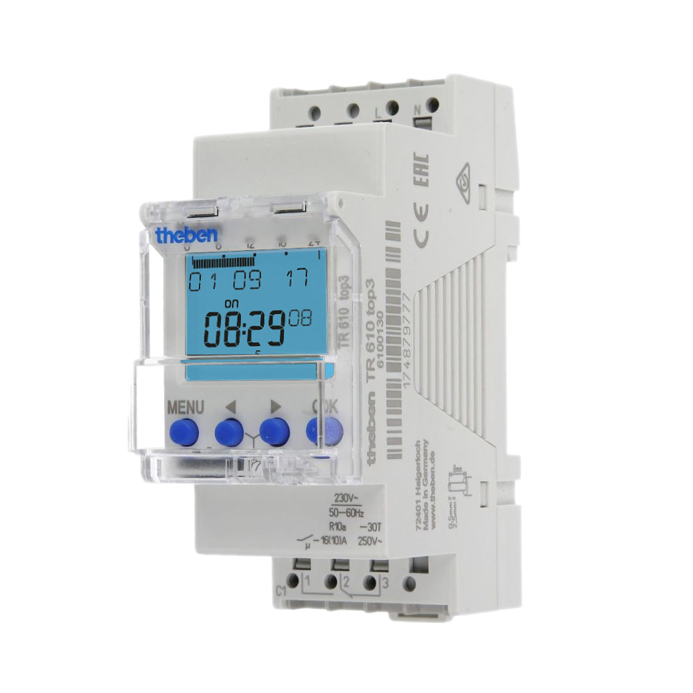 Freigestellte Abbildung der digitalen Zeitschaltuhr TR 610 top3 von Theben mit beleuchtetem Display.